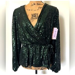 NWT Nanette Lepore SIZE XL ELEGANT Dark Emerald Green Sequin LS Blouse